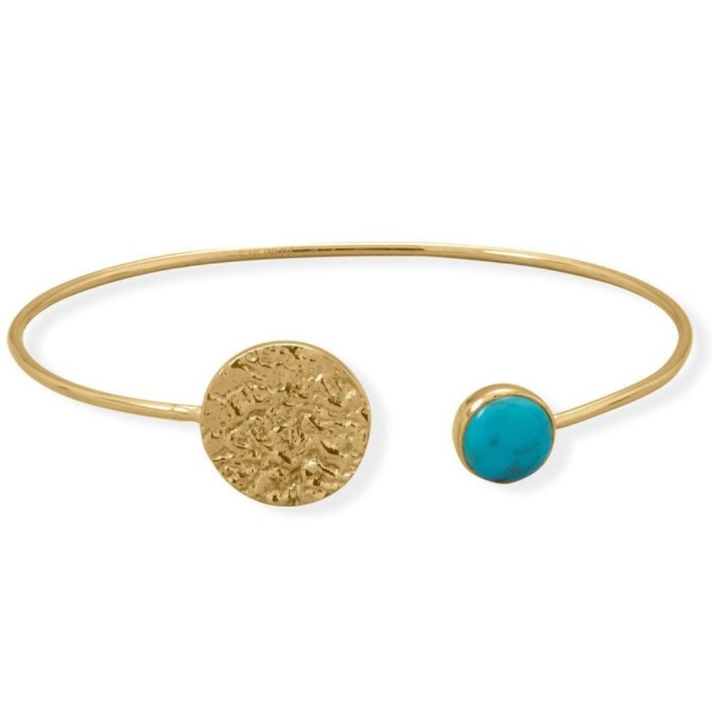 14 Karat Gold Plated Sterling Silver Turquoise and Hammered Disk Cuff Bracelet